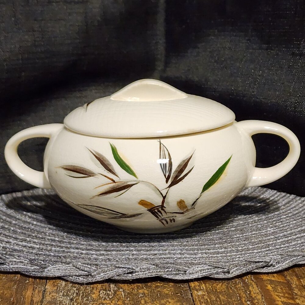 Grey Bamboo - Vintage Ceramic Sugar Bowl with hand Painted Bamboo.